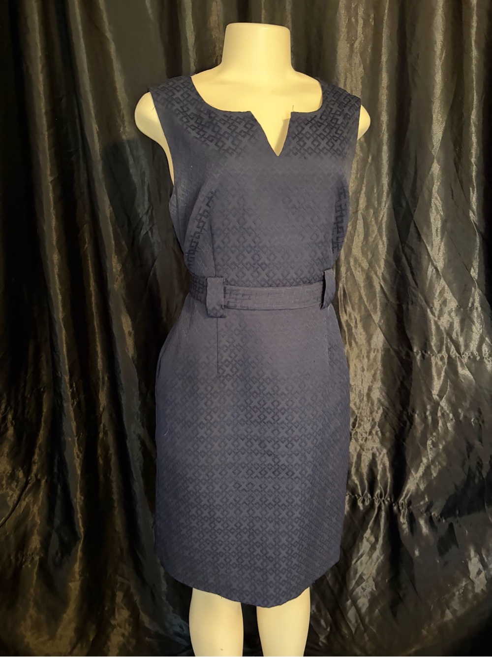 Jones New York Navy Textured Belted Sheath Dress